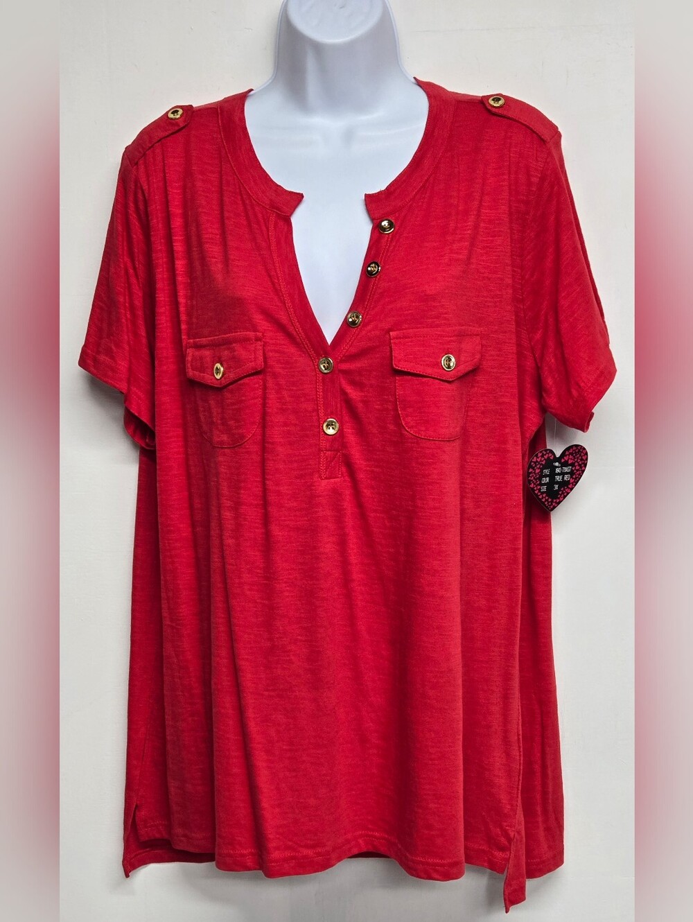 Splash 3X Vintage Top Red 100% Cotton V Neck Shoulder Tabs Pockets New